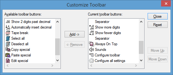 calculator toolbar choices