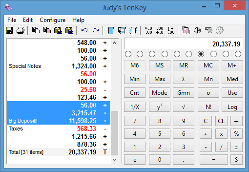 Judy's TenKey Calculator with Tape Displayed on Side
